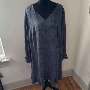 LOFT Plus Gray V-Neck shift Dress long painter sleeves ruffle‎ hem Sz 16